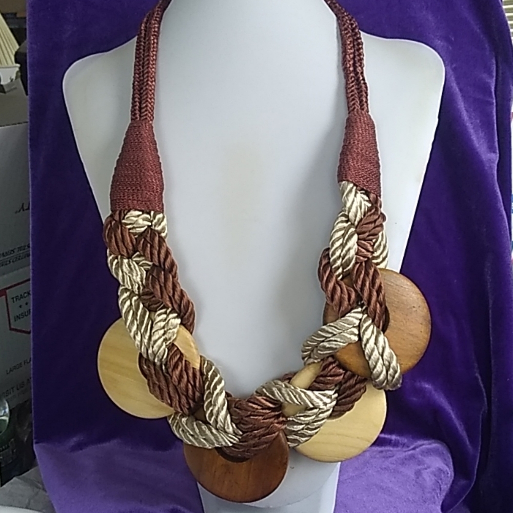 Ladies' Wooden Discs & 2-Colors Rope Necklace